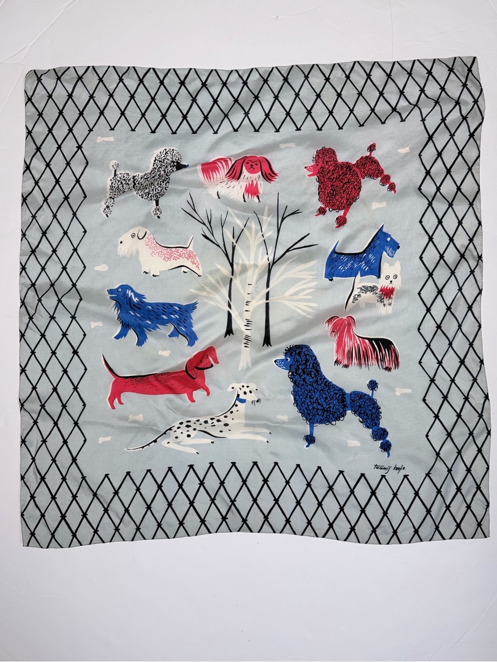 Tammis Keefe Vintage 50s All Dogs Silk Scarf Featuring A Diamond Grid Border